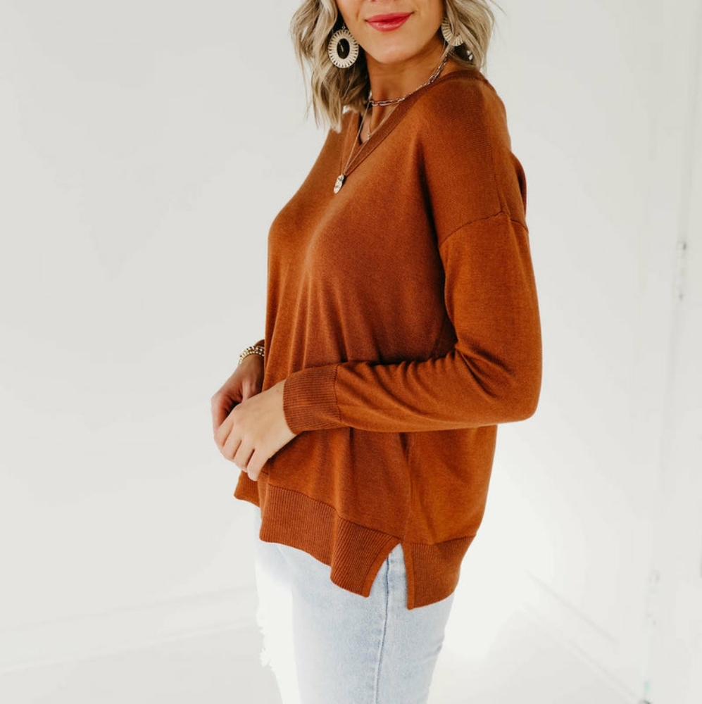 Rust/Brown Lightweight V neck Sweater - Picture 9 of 9